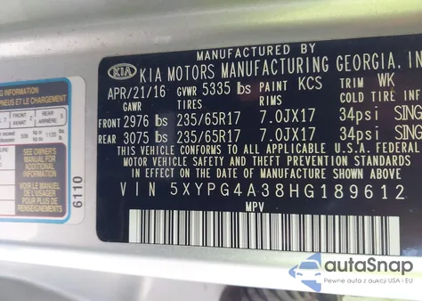 2017 Kia Sorento 2.4L Lx z USA, uszkodzony, nr VIN 5XYPG4A38HG189612